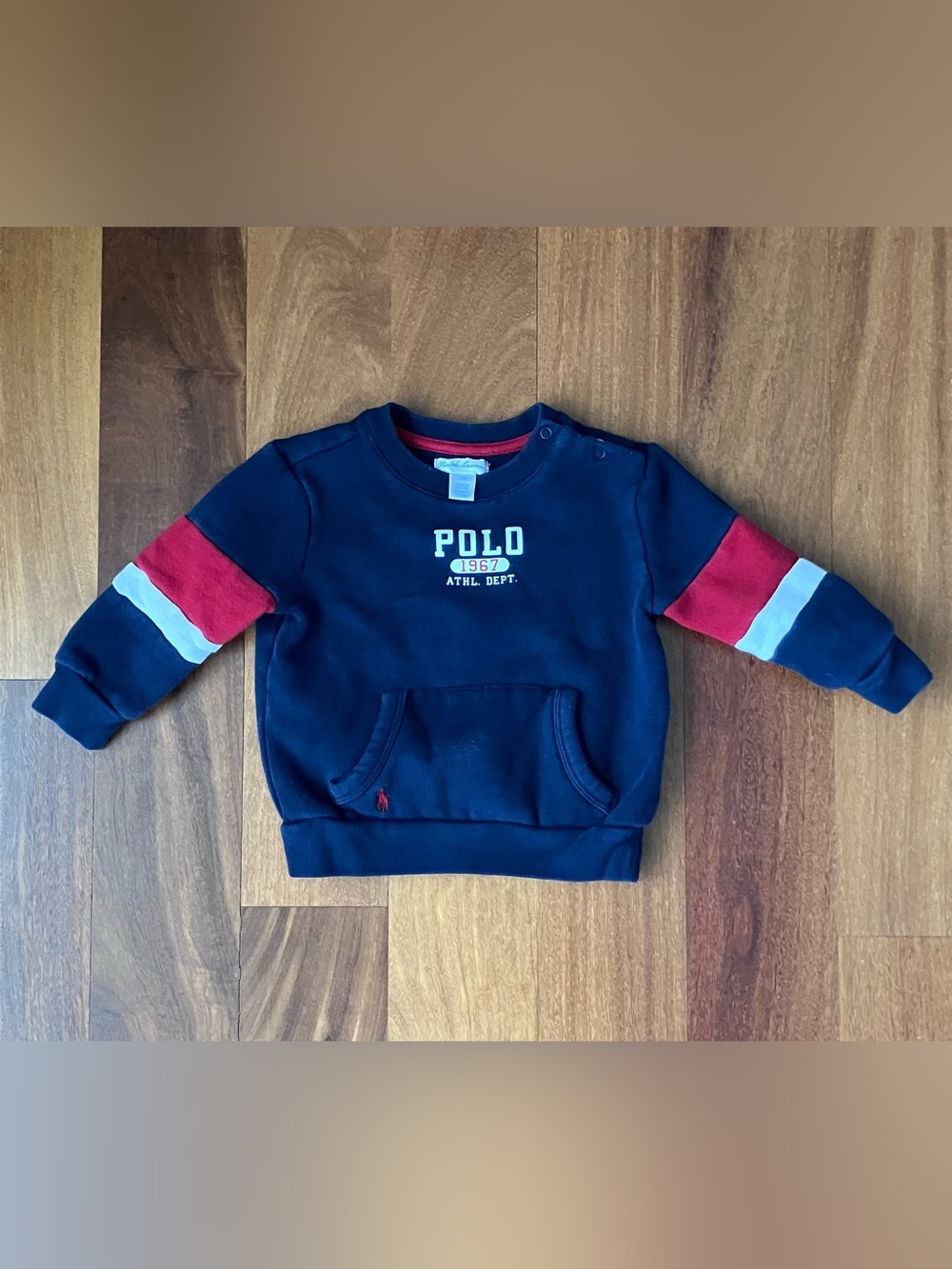 Ralph Lauren Navy Sweatshirt with Red & White Sleeve Stripes